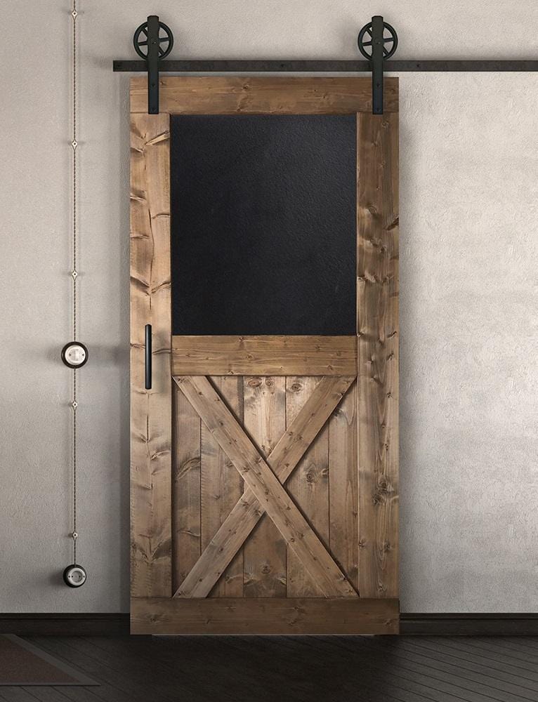 Schiebetür in Scheunentor-Optik Modell Blackboard X - Farmhouse Barn Door rustikal nach rechts öffnend / Muster nur Vorderseite / braun gebeizt