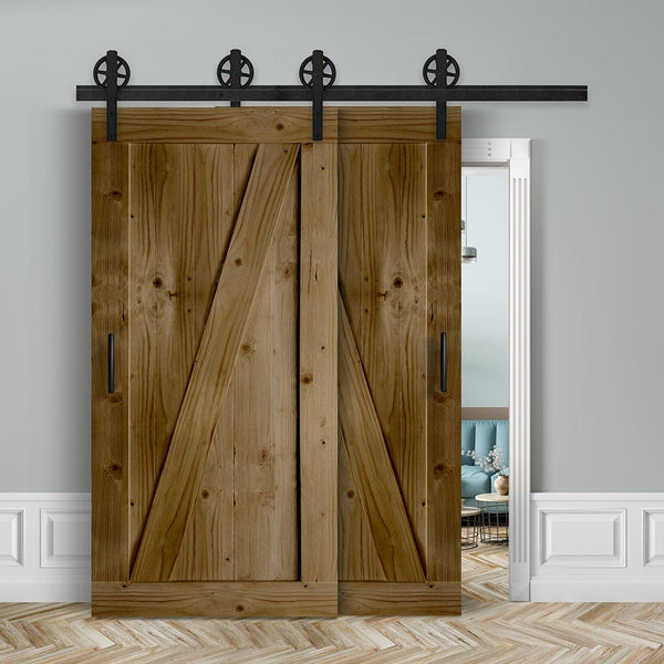 Doppelschiebetür voreinander herlaufend in Scheunentor-Optik Modell Elegance - Farmhouse Barn Door rustikal nach links öffnend / Muster nur Vorderseite / Eiche natur