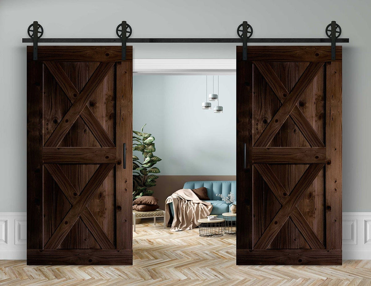 Doppelschiebetür in Scheunentor-Optik Modell Double X - Farmhouse Barn Door rustikal Muster nur Vorderseite / Nuss dunkel