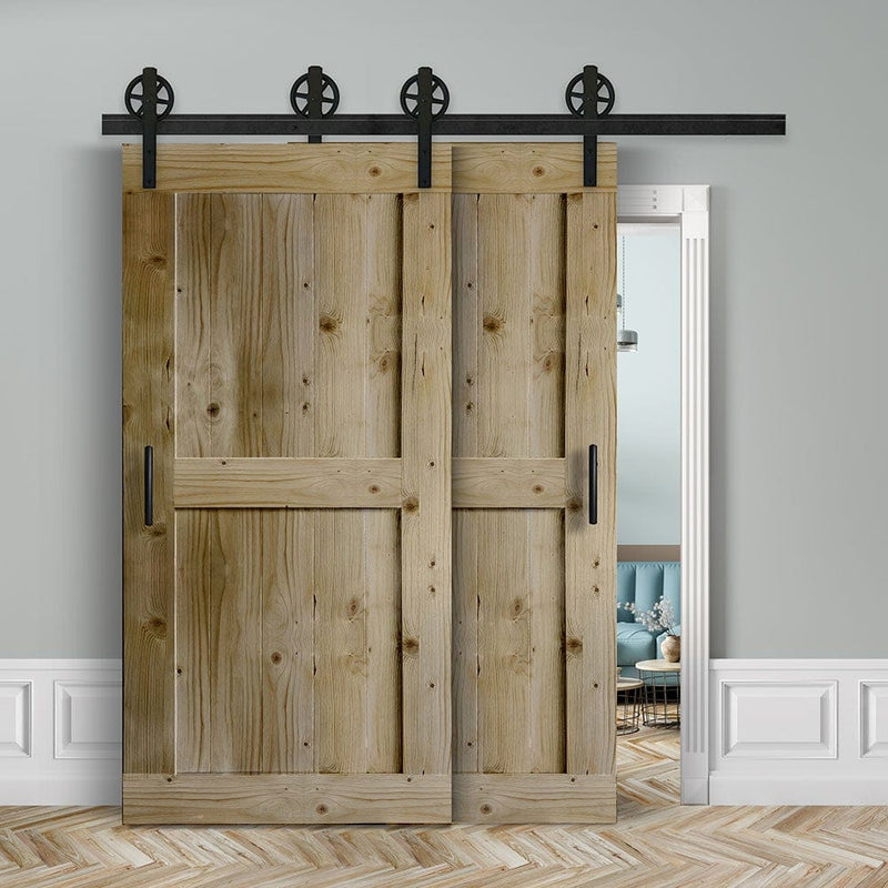 Doppelschiebetür voreinander herlaufend in Scheunentor-Optik Modell Easy - Farmhouse Barn Door rustikal nach links öffnend / Muster nur Vorderseite / natur geölt