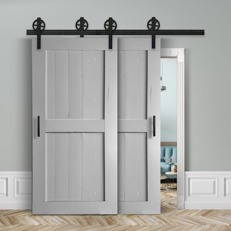 Doppelschiebetür voreinander herlaufend in Scheunentor-Optik Modell Easy - Farmhouse Barn Door rustikal nach links öffnend / Muster nur Vorderseite / weiß