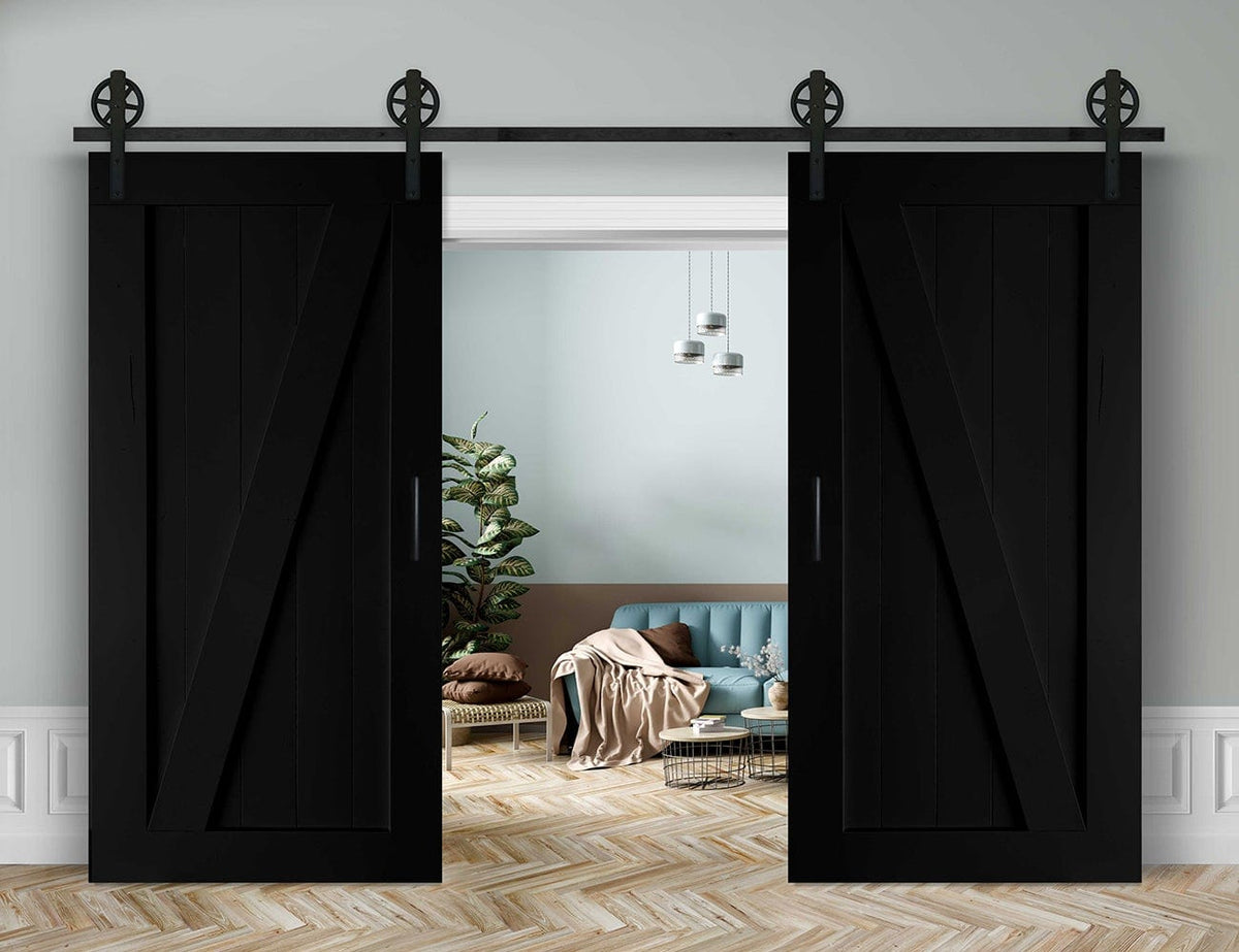 Doppelschiebetür in Scheunentor-Optik Modell Elegance - Farmhouse Barn Door rustikal Muster nur Vorderseite / schwarz matt