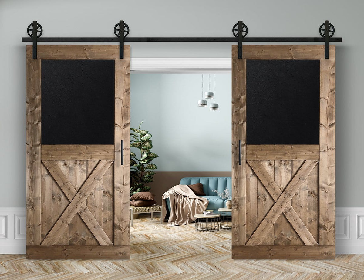 Schiebetür 2-Flügelig in Scheunentor-Optik Modell Blackboard X - Farmhouse Barn Door rustikal Muster nur Vorderseite / braun gebeizt