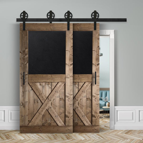 Kopie von Schiebetür Doppeltüre voreinander herlaufend in Scheunentor-Optik Modell Blackboard X - Farmhouse Barn Door rustikal Muster nur Vorderseite / braun gebeizt