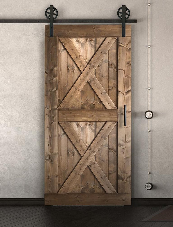 Schiebetür in Scheunentor-Optik Modell Double X - Farmhouse Barn Door rustikal nach links öffnend / Muster nur Vorderseite / braun gebeizt