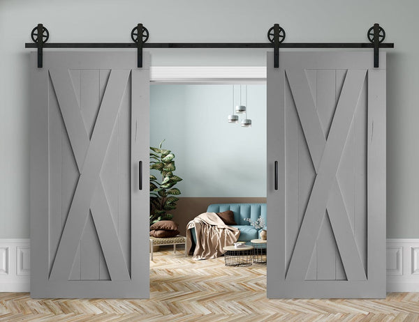 Schiebetür 2-Flügelig in Scheunentor-Optik Modell Big X - Farmhouse Barn Door rustikal Muster nur Vorderseite / grau