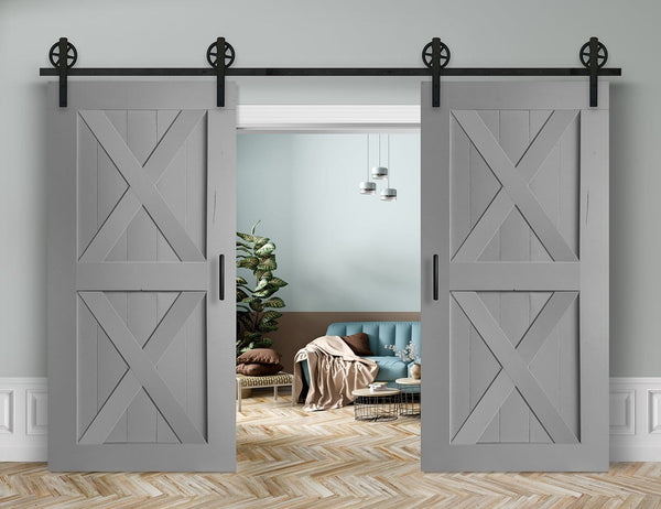 Schiebetür 2-Flügelig in Scheunentor-Optik Modell Double X - Farmhouse Barn Door rustikal Muster nur Vorderseite / grau