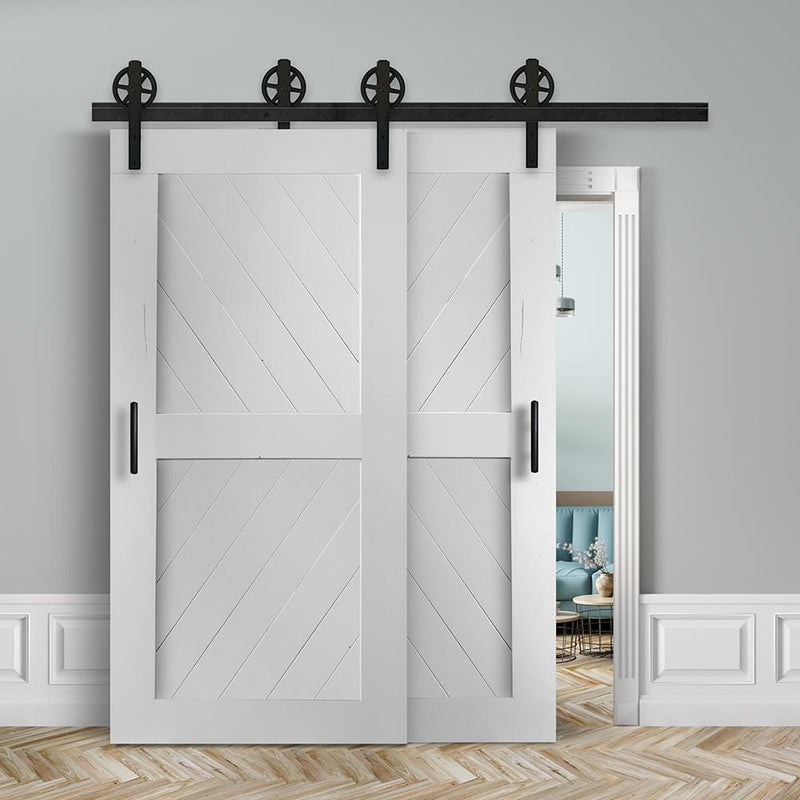 Kopie von Schiebetür Doppeltüre voreinander herlaufend in Scheunentor-Optik Modell Sloping- Farmhouse Barn Door rustikal Muster nur Vorderseite / weiß