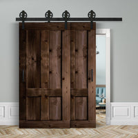 Doppelschiebetür voreinander herlaufend in Scheunentor-Optik Modell Farmhouse - Farmhouse Barn Door rustikal nach links öffnend / Muster nur Vorderseite / Nuss dunkel