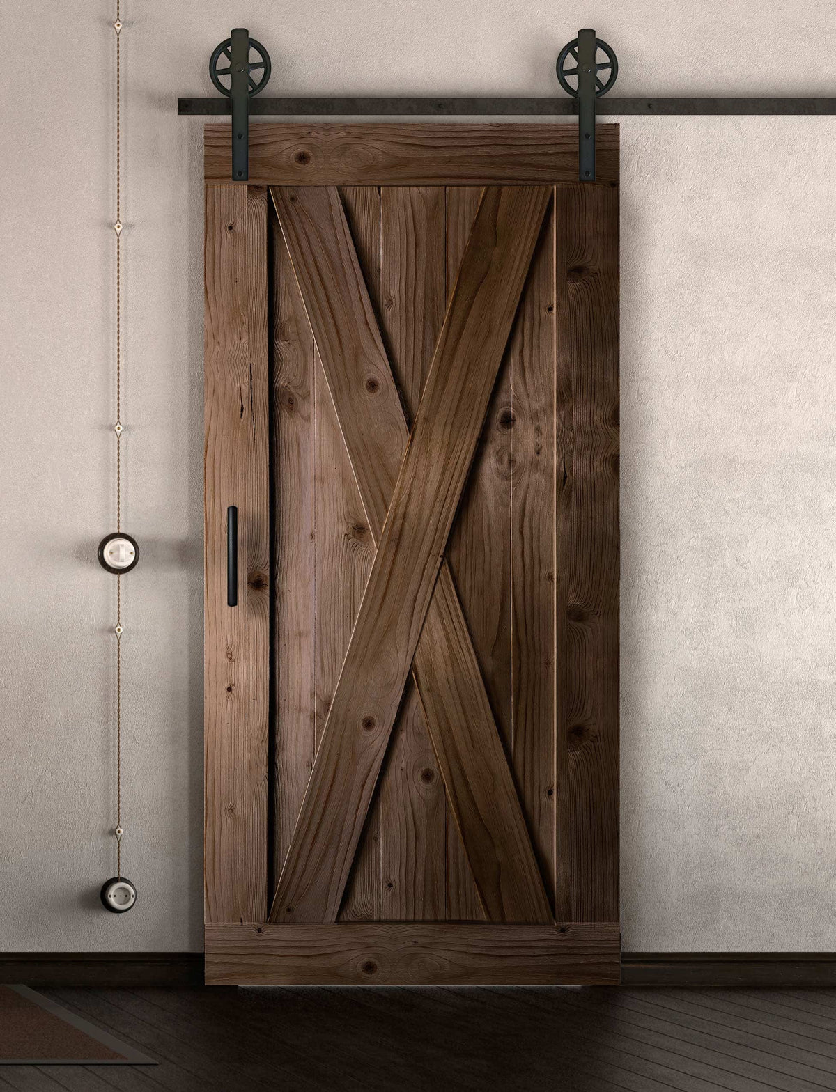 Schiebetür in Scheunentor Optik Modell Big X - Farmhouse Barn Door rustikal nach rechts öffnend / Muster nur Vorderseite / Nuss hell