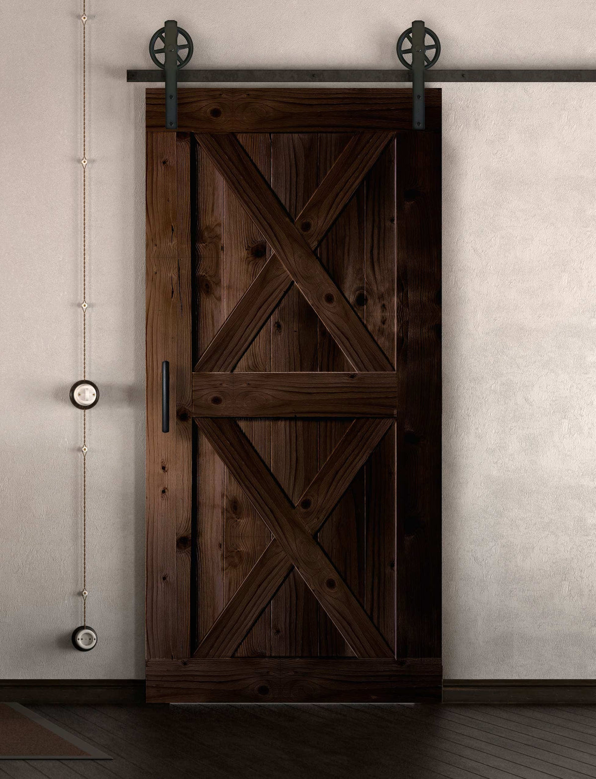 Schiebetür in Scheunentor-Optik Modell Double X - Farmhouse Barn Door rustikal nach rechts öffnend / Muster nur Vorderseite / Nuss dunkel