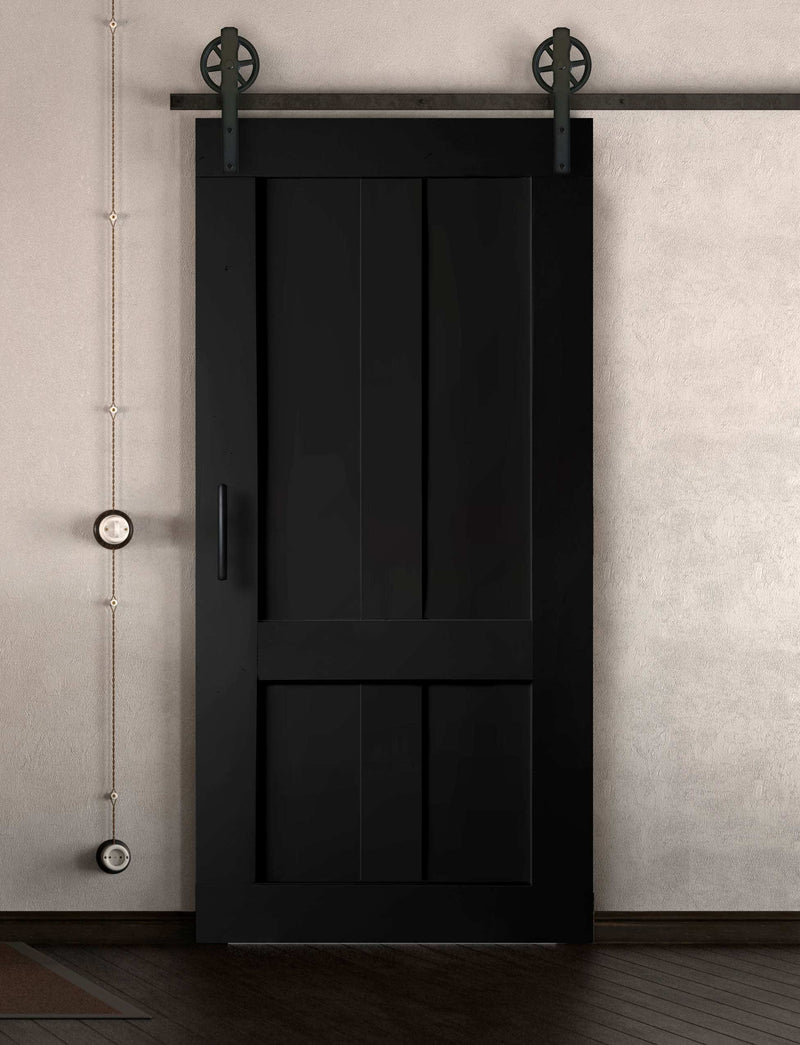 Schiebetür in Scheunentor Optik Modell Farmhouse - Farmhouse Barn Door rustikal nach rechts öffnend / Muster nur Vorderseite / schwarz matt