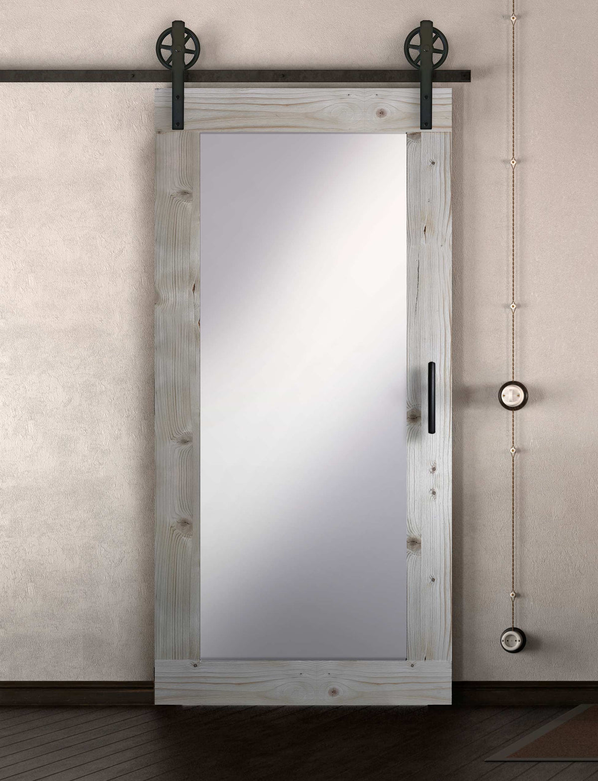 Schiebetür in Scheunentor Optik Modell Mirrow - Farmhouse Barn Door rustikal nach links öffnend / Spiegel nur Vorderseite / unbehandelt