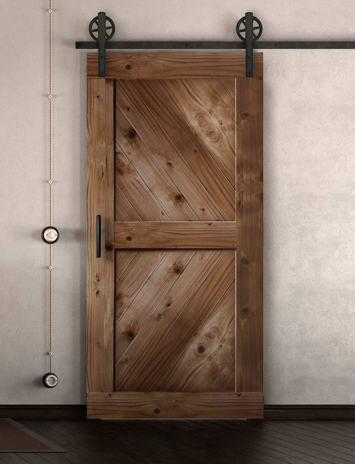 Schiebetür in Scheunentor Optik Modell Sloping - Farmhouse Barn Door rustikal nach rechts öffnend / Muster nur Vorderseite / Eiche mittel