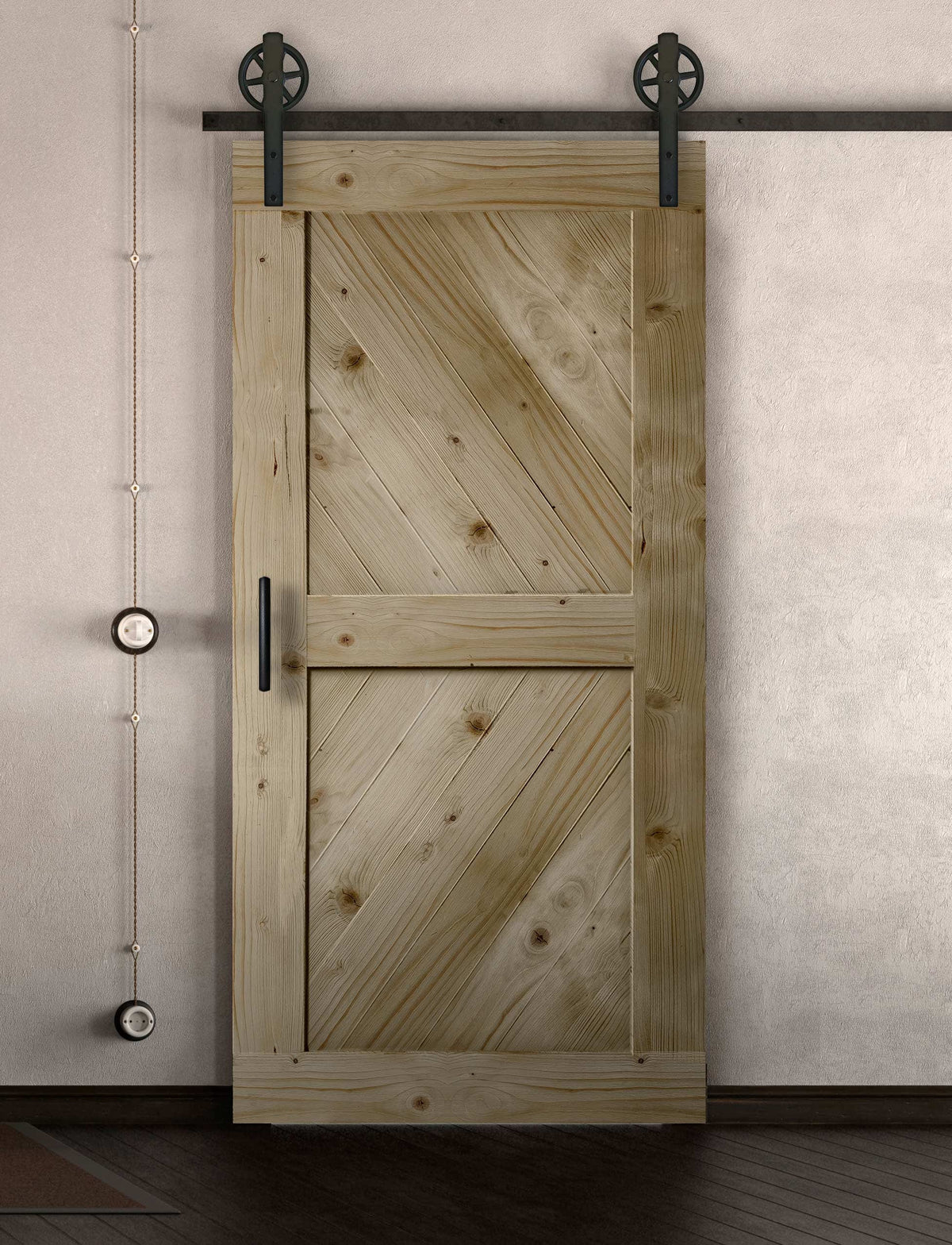 Schiebetür in Scheunentor Optik Modell Sloping - Farmhouse Barn Door rustikal nach rechts öffnend / Muster nur Vorderseite / natur lackiert
