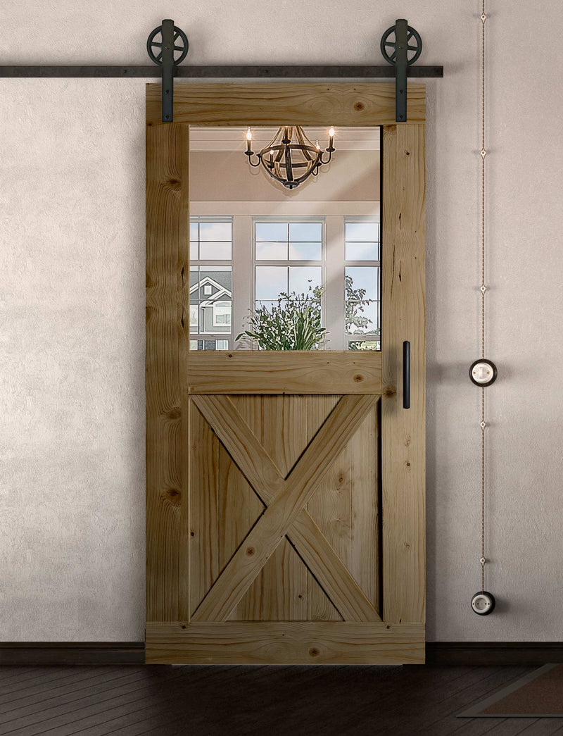 Schiebetür in Scheunentor Optik Modell Window X - Farmhouse Barn Door rustikal nach links öffnend / Muster nur Vorderseite / Eiche natur