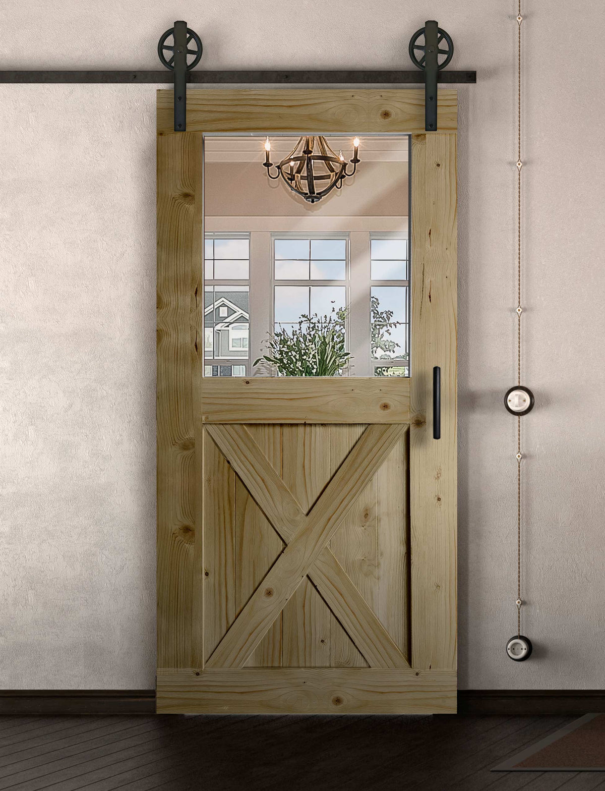 Schiebetür in Scheunentor Optik Modell Window X - Farmhouse Barn Door rustikal nach links öffnend / Muster nur Vorderseite / natur geölt