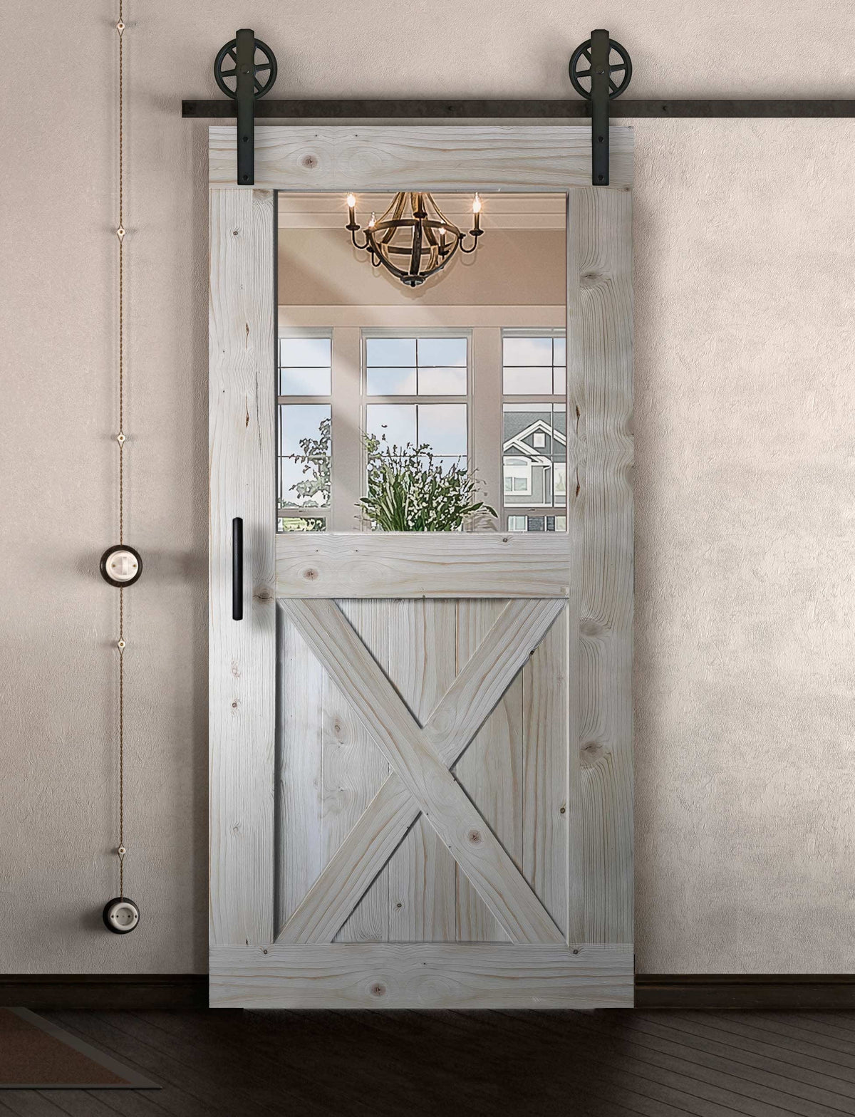 Schiebetür in Scheunentor Optik Modell Window X - Farmhouse Barn Door rustikal nach rechts öffnend / Muster nur Vorderseite / unbehandelt