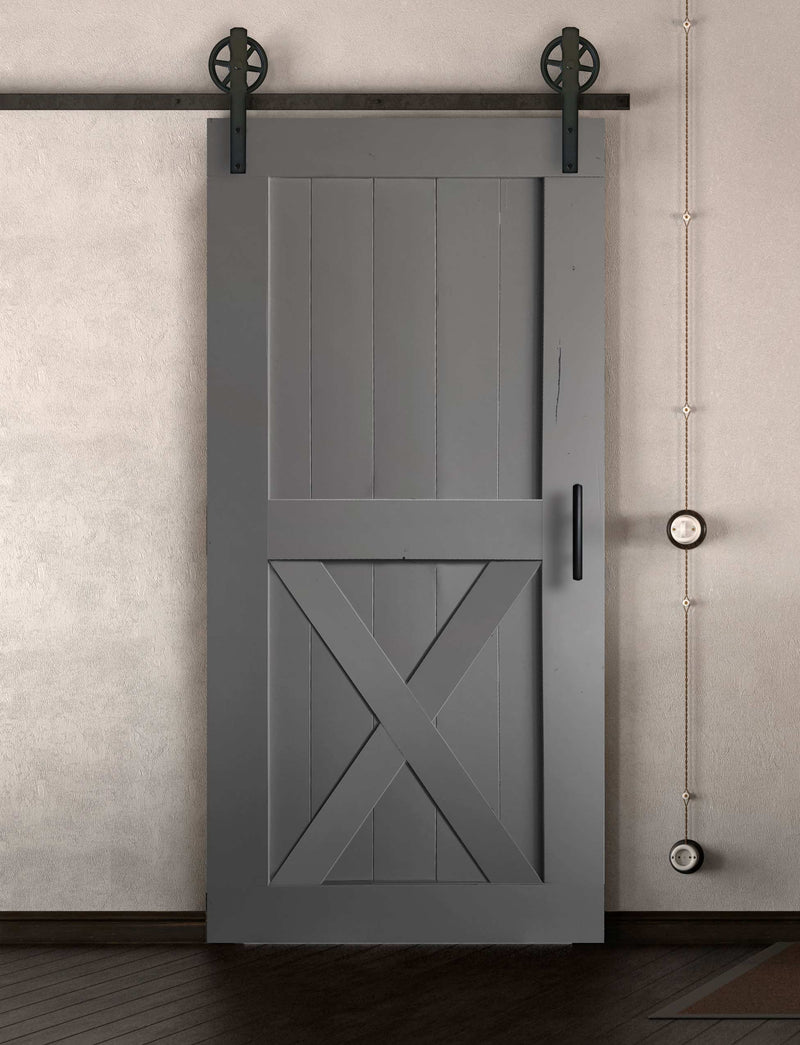Schiebetüre Außenbereich in Scheunentor Optik Modell X - Farmhouse Barn Door rustikal nach links öffnend / Muster nur Vorderseite / grau