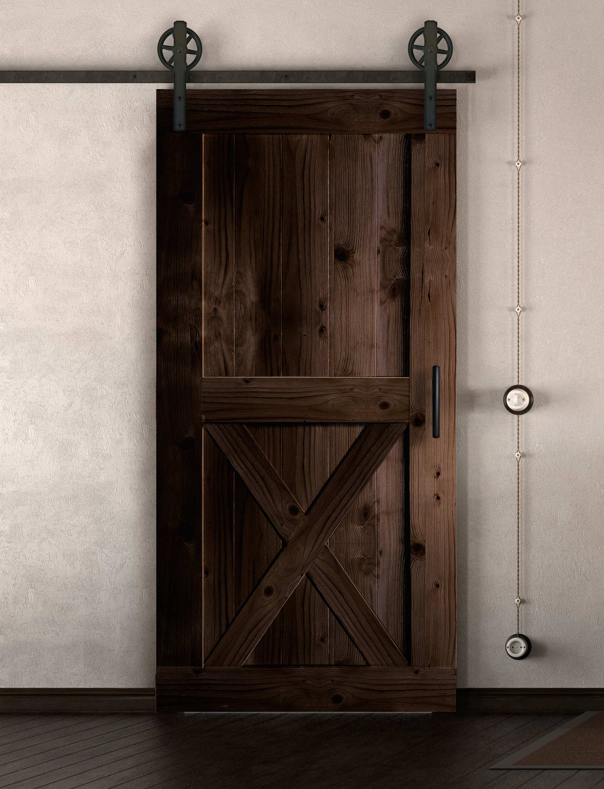 Schiebetür in Scheunentor Optik Modell X - Farmhouse Barn Door rustikal nach links öffnend / Muster nur Vorderseite / Nuss dunkel