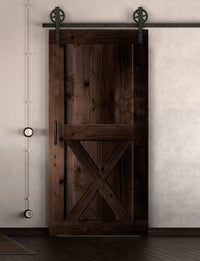 Schiebetür in Scheunentor Optik Modell X - Farmhouse Barn Door rustikal nach rechts öffnend / Muster nur Vorderseite / Nuss dunkel