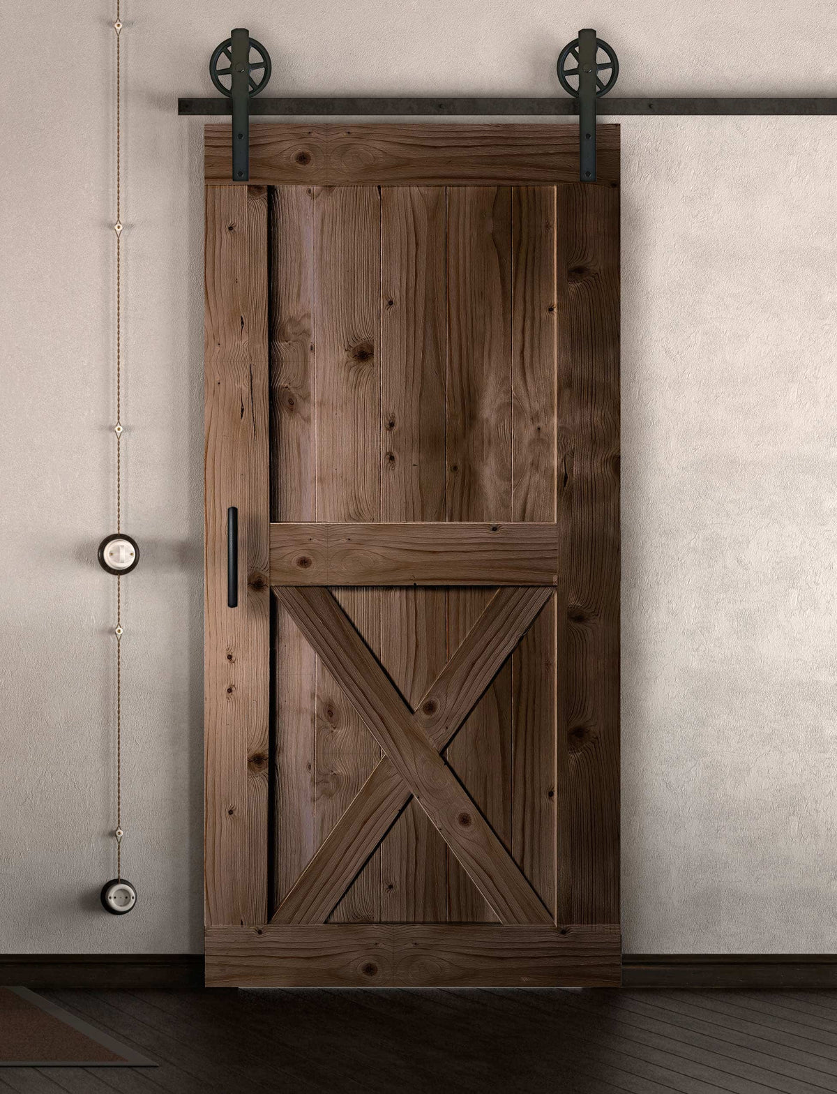 Schiebetür in Scheunentor Optik Modell X - Farmhouse Barn Door rustikal nach rechts öffnend / Muster nur Vorderseite / Nuss hell
