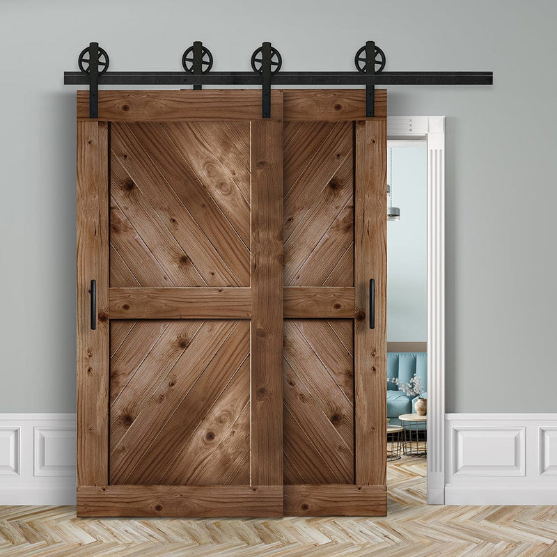 Doppelschiebetür voreinander herlaufend in Scheunentor-Optik Modell Sloping- Farmhouse Barn Door rustikal Muster nur Vorderseite / Eiche mittel