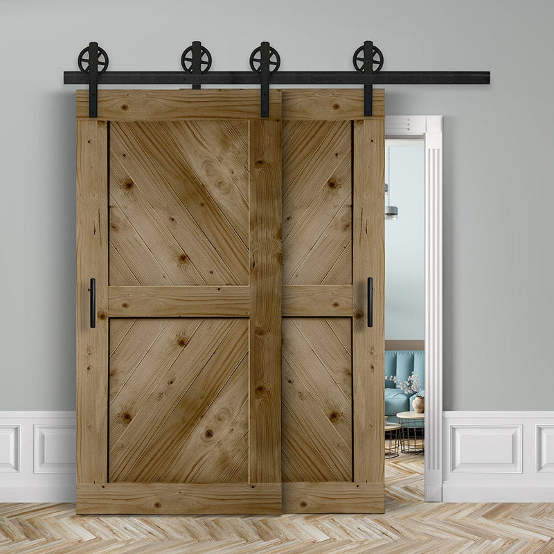 Doppelschiebetür voreinander herlaufend in Scheunentor-Optik Modell Sloping- Farmhouse Barn Door rustikal Muster nur Vorderseite / Eiche natur