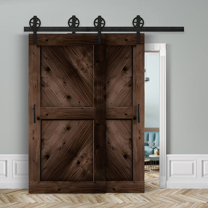 Doppelschiebetür voreinander herlaufend in Scheunentor-Optik Modell Sloping- Farmhouse Barn Door rustikal Muster nur Vorderseite / Nuss dunkel