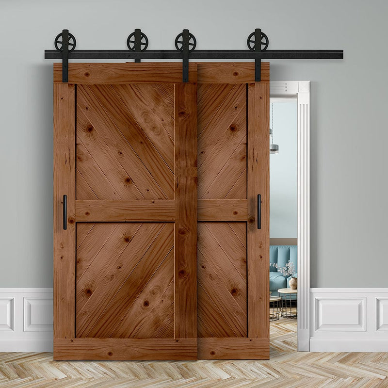 Doppelschiebetür voreinander herlaufend in Scheunentor-Optik Modell Sloping- Farmhouse Barn Door rustikal Muster nur Vorderseite / Teak