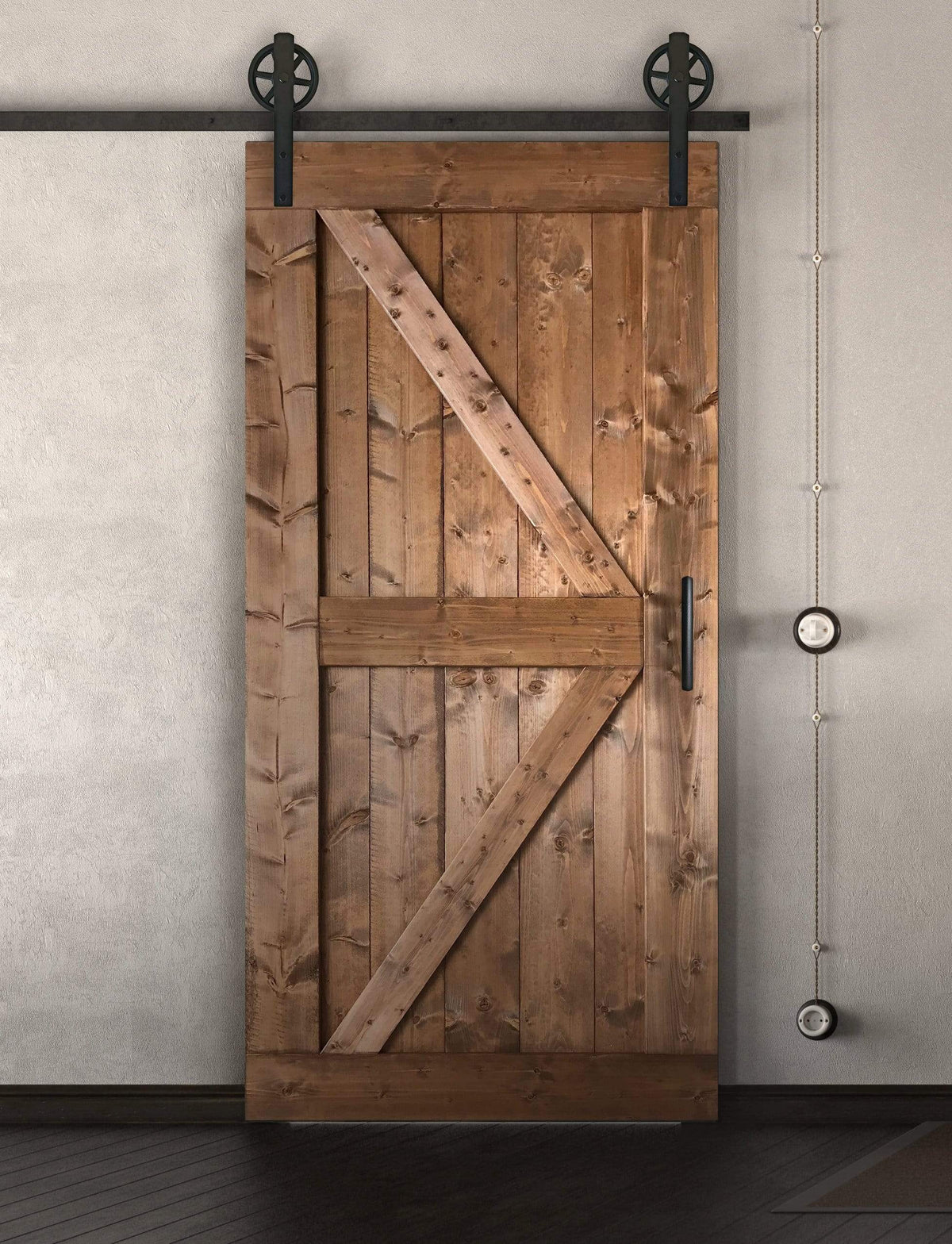 Schiebetür in Scheunentor-Optik im Britisch Farmhouse Stil - Barn Door rustikal - in verschiedenen Farben braun gebeizt / nach links öffnend